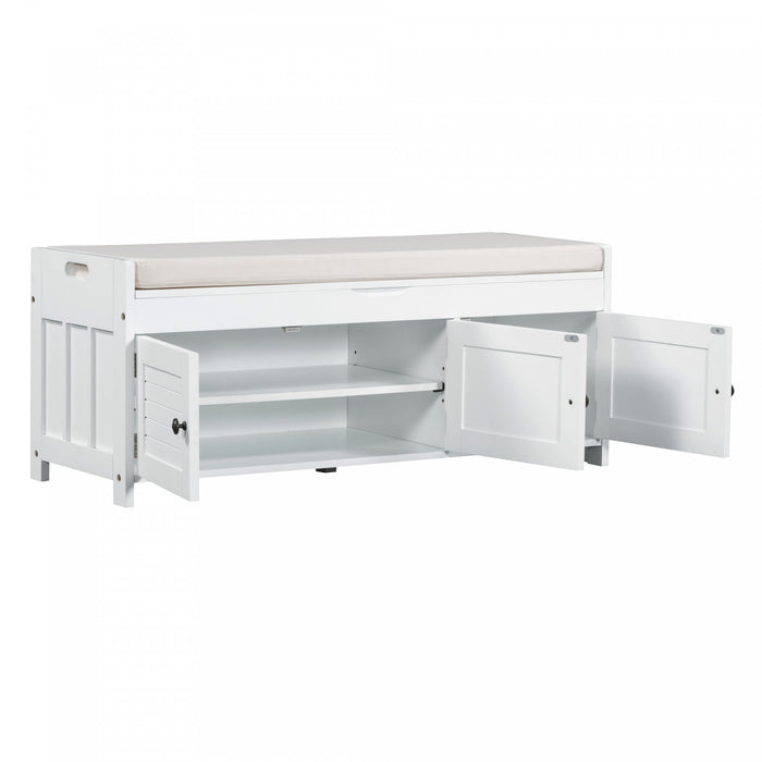 Banc De Rangement Olivia En Pin Avec Meuble A Chaussures 3 Portes Et Compartiment Cache, Blanc