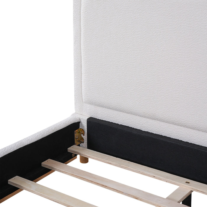 Lit plateforme Ethan a profil bas en boucle avec tete de lit courbee rembourree, taille king, blanc