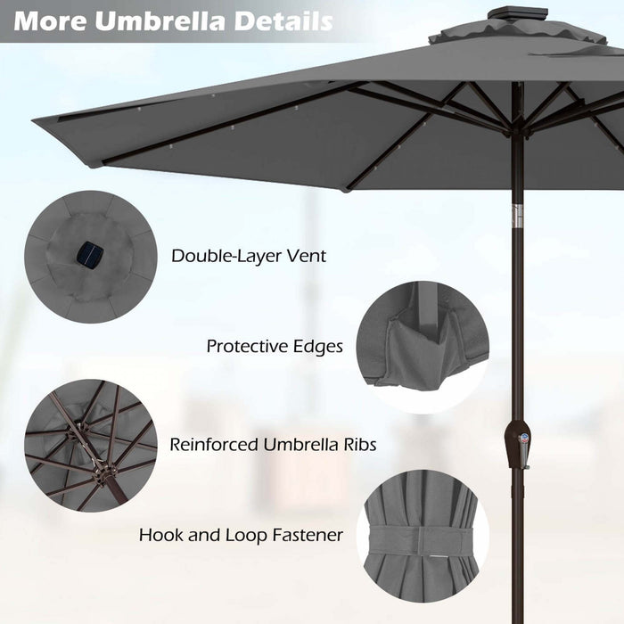 Parasol solaire Costway 10 pieds avec LED, parasol de marche inclinable en acier avec manivelle, exterieur gris