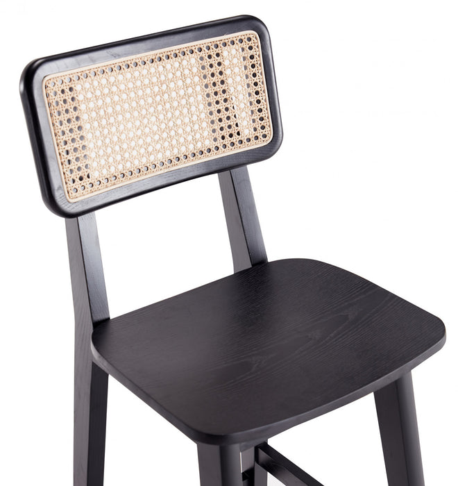 Tabouret de comptoir industriel chic Versailles avec dossier en cannage, bois noir et naturel - Lot de 2