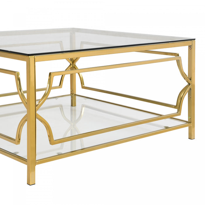 Gleam Table Basse Carree en Verre Trempe 33.5 po avec Cadre Geometrique Dore et Etagere Inferieure, Transparent