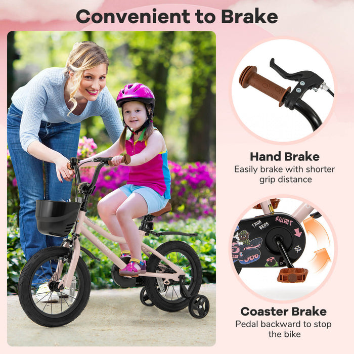 Costway 14\" Velo Pour Enfants Avec Roues D'entrainement Guidon Reglable Et Frein A Main De Siege Rose