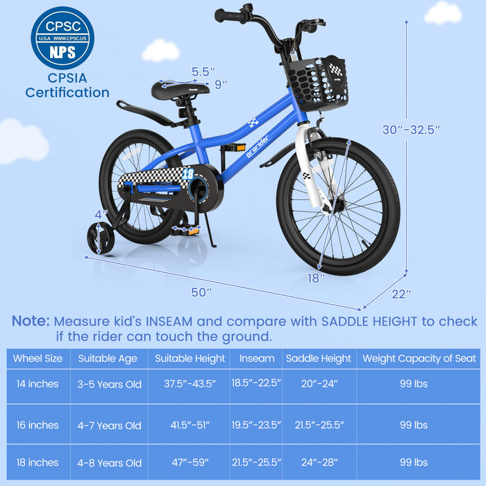 Velo Costway 18\" Pour Enfants Avec Roues D'entrainement Amovibles Et Panier Pour 4-8 Ans Bleu