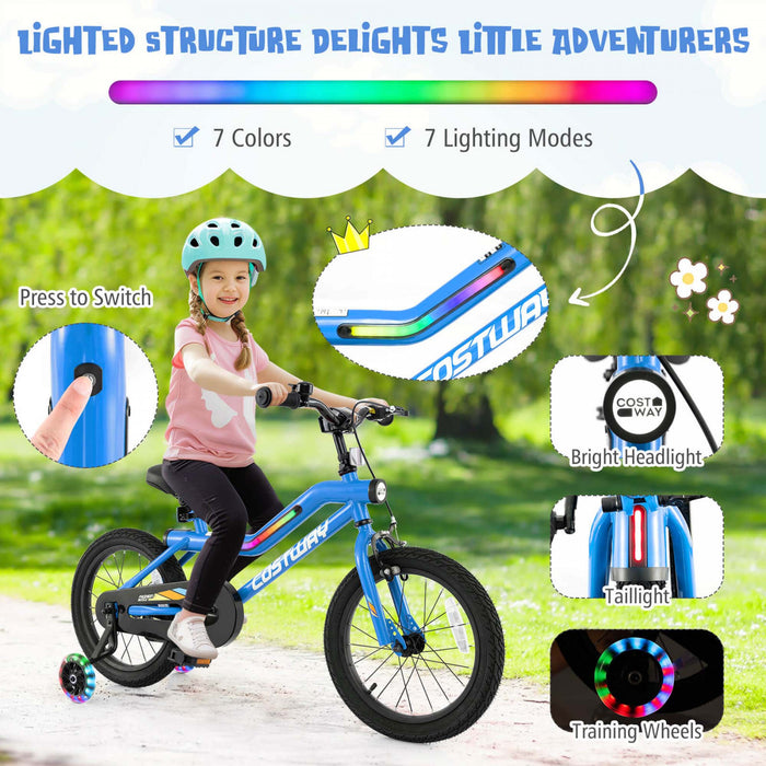 Costway 16\" Led Eclaire Velo Pour Enfants Avec Siege Reglable Coaster Frein Roues D'entrainement Bleu