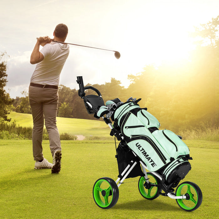 Goplus Pliant 3 Roues Golf Push Cart W/seat Tableau De Bord Poignee Reglable Vert