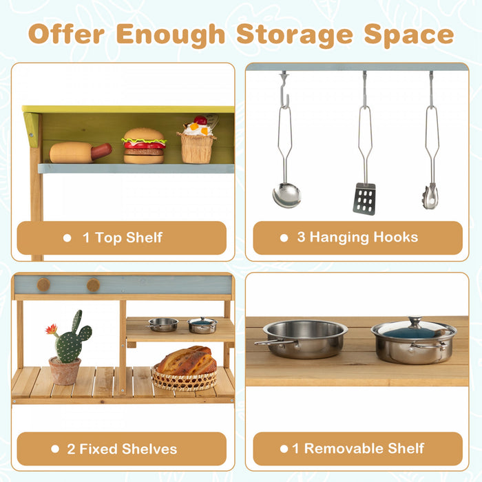 Jeu De Cuisine En Bois Pour Enfant, Cuisine Jouet Pour Enfant, Robinet Et Reservoir A Eau, Evier Amovible, 3 Crochets De Suspension, 1 Etagere Amovible, 2 Etageres Fixes, Pour Les +3 Ans