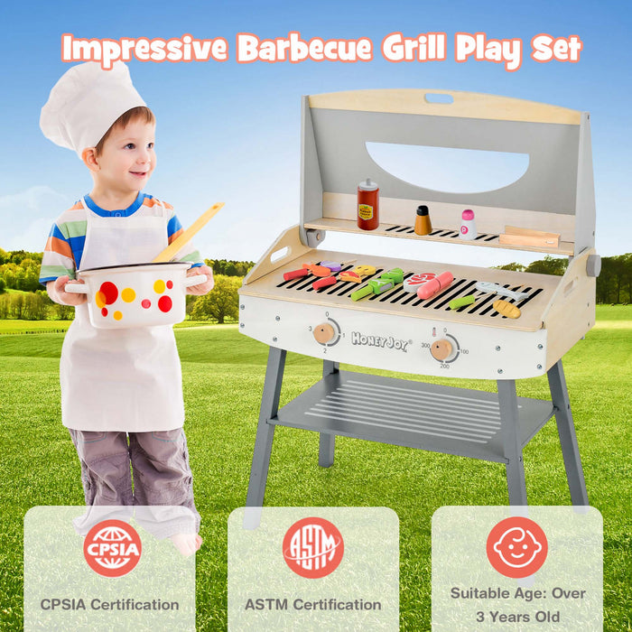 Ensemble De Barbecue De Jeu En Bois Pour Enfants, Barbecue Jouet Bbq Avec 17 Ustensiles De Grill En Bois Et Nourriture De Jeu, 4 Pieds En Bois Massif, Jeu De Cuisine D'imitation Pour Usage Interieur Et Exterieur, Cadeau Pour Garcons Et Filles De Plus De 3 Ans
