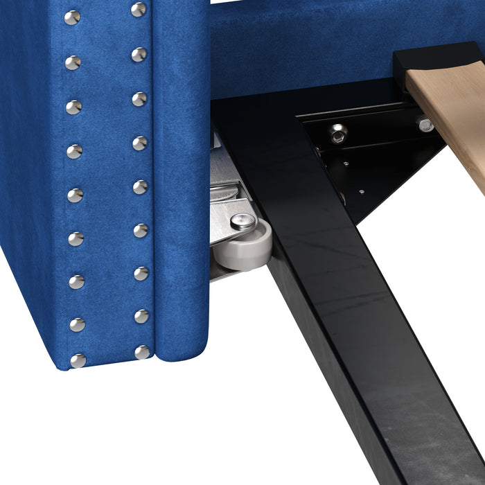 Le Daybed Sophia avec design capitonne, revetement en tissu, lit d'appoint avec trundle et dossier confortable, couleur bleue
