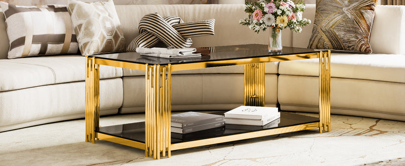 Aria Table Basse Rectangulaire Moderne 47.5 po avec Cadre Asymetrique Dore et Plateau Miroir, Noir
