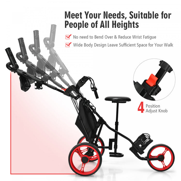 Chariot De Golf A 3 Roues, Chariot Leger Avec 4 Hauteurs Reglables, Chariot De Golf Pliable Avec Porte-parapluie Reglable Et Siege Hydraulique, Sac De Rangement, Porte-boisson, Frein A Pied