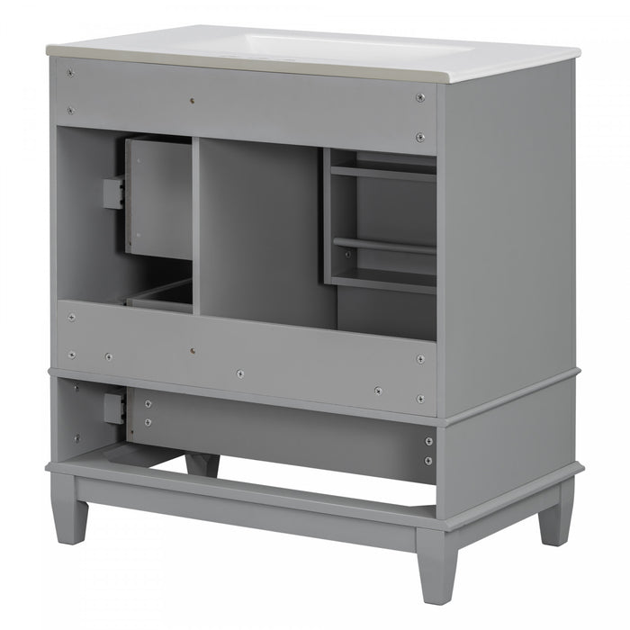 Emma Meuble-lavabo en bois massif de 30\" avec vasque en ceramique et porte a fermeture douce, Gris