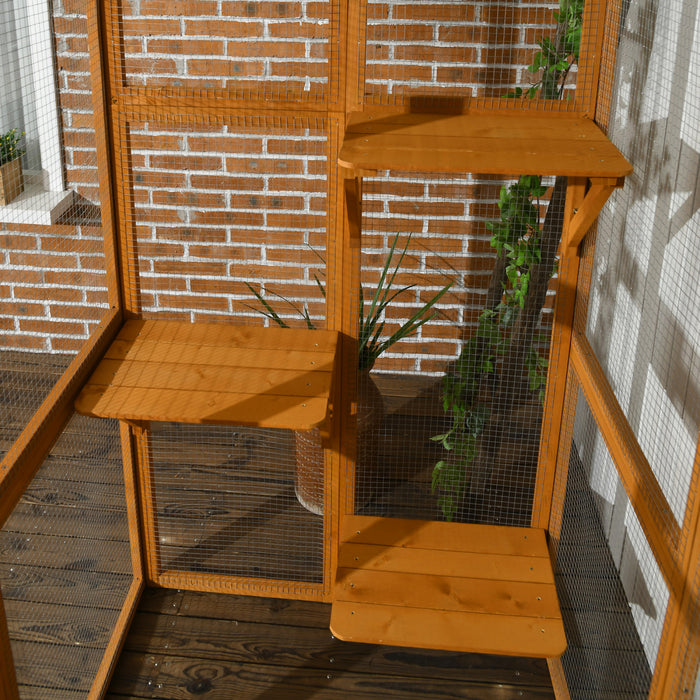 Pawhut Grand Enclos Exterieur Pour Chat, Terrasse En Bois Pour Chat Avec 6 Plates-formes Equilibrees Et Toit En Asphalte, 71\" X 38.5\" X 71\", Orange