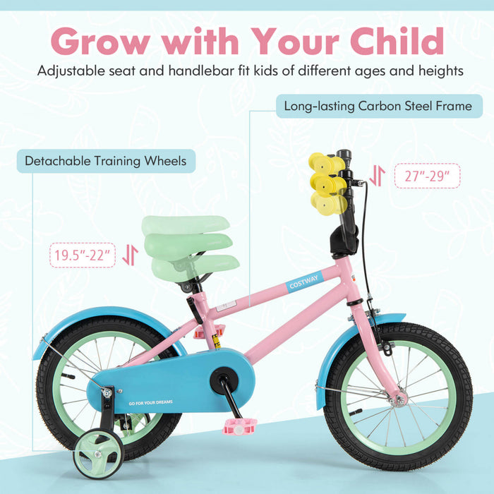 Costway 14\" Velo Pour Enfants Avec Guidon Reglable De Selle Roues D'entrainement Amovibles Frein A Main Rose