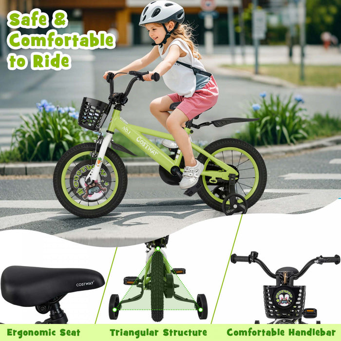 Costway 14\" Velo Pour Enfants Pour 3-5 Avec Guidon Reglable En Hauteur Et Frein A Main En Selle Vert