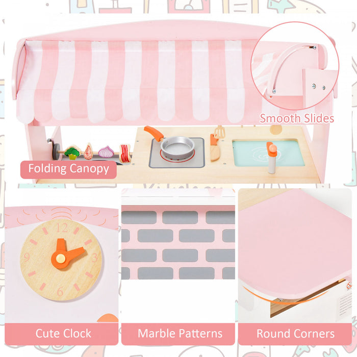 Cuisine Et Restaurant 2 En 1 Pour Enfants, Cuisine De Jeu Double Face Avec Cuisiniere, Four A Rotir, Barbecue, Auvent Reglable Et Robinet En Bois, Jeu De Role Pour Enfants De 3 A 8 Ans