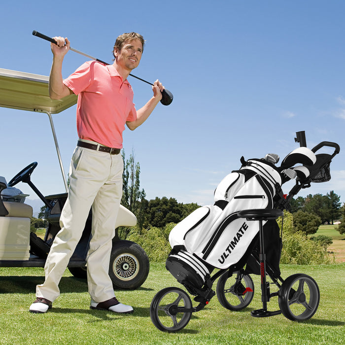 Goplus Pliant 3 Roues Golf Push Cart W/seat Tableau De Bord Poignee Reglable Gris