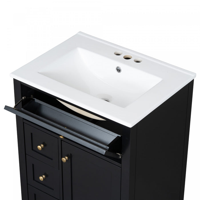 Scott Meuble-lavabo de 24\" avec vasque en ceramique et pieds en bois caoutchouc, Noir