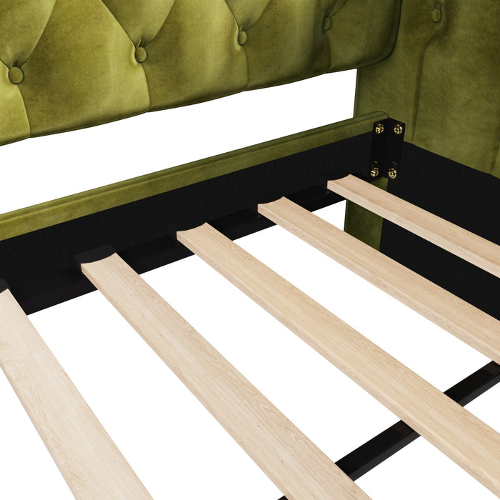 La Sophia Daybed avec design capitonne, revetement en tissu, lit d'appoint avec trundle et dossier confortable, couleur verte