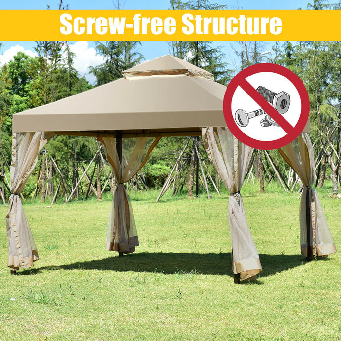 Costway 2-tier 10’x10’ Gazebo Abri Auvent Tente Patio Jardin Structure Sans Vis Brun