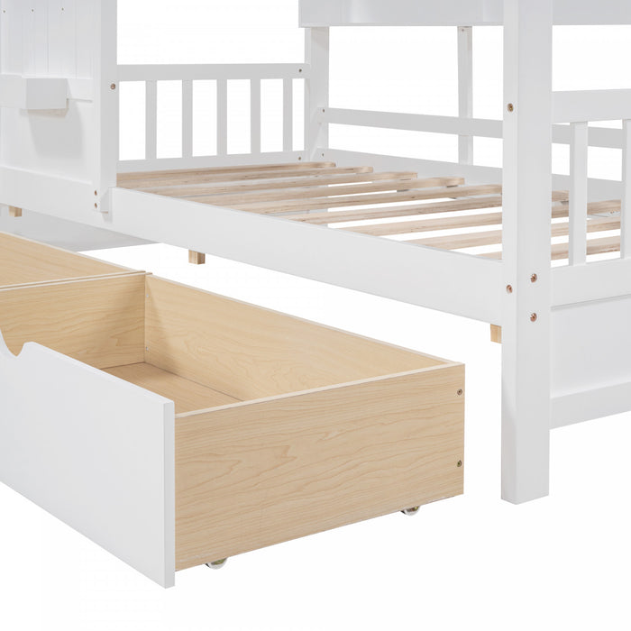 Lit Maison Jeames en Bois avec 2 Tiroirs de Rangement et Etagere, Taille Twin - Blanc