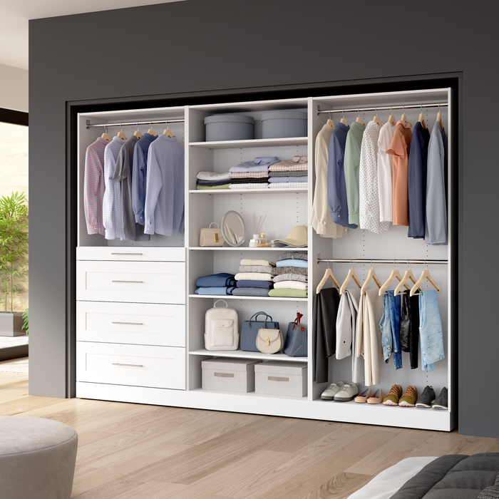 Système de pièce-penderie modulaire Florence de Bestar de 107 po avec tringles, tablettes et tiroirs de style Shaker - blanc