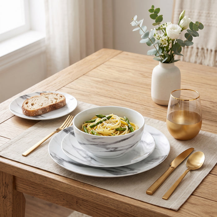 Ensemble de Vaisselle 16 Morceaux en Porcelaine Effet Marbre, Service de Table Moderne pour 4 Personnes