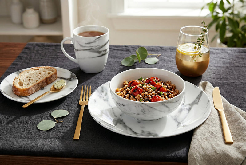 Ensemble de Vaisselle 16 Morceaux en Porcelaine Effet Marbre, Service de Table Moderne pour 4 Personnes