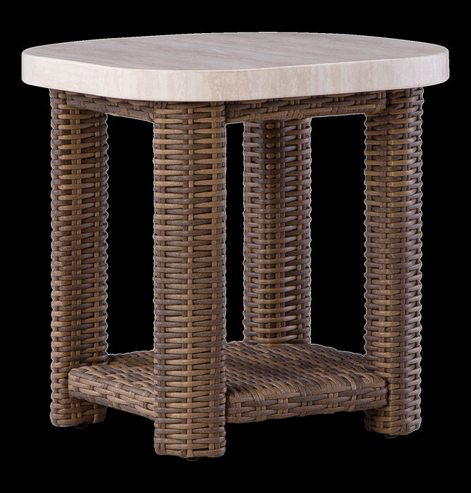 Table de bout Banff pour la terrasse à l’extérieur - osier en résine et aluminium, résistante aux intempéries - brune et beige