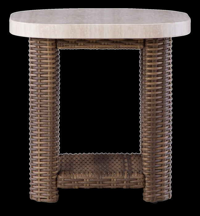 Table de bout Banff pour la terrasse à l’extérieur - osier en résine et aluminium, résistante aux intempéries - brune et beige