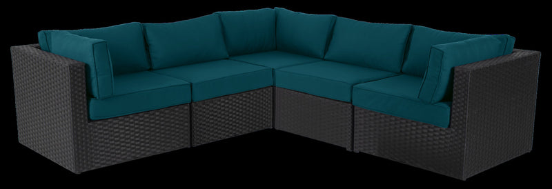 Ensemble Barbados 5 pièces pour la terrasse à l’extérieur avec 3 fauteuils en coin et 2 fauteuils sans accoudoirs - osier en résine tressé à la main, résistant aux rayons UV et aux intempéries - noir et bleu