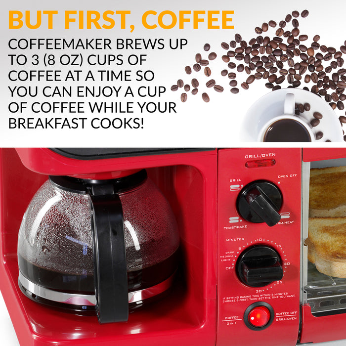 Station déjeuner rétro 3 en 1 de Nostalgia de format familial avec four grille-pain rouge - BST3RR