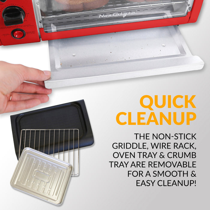 Station déjeuner rétro 3 en 1 de Nostalgia de format familial avec four grille-pain rouge - BST3RR
