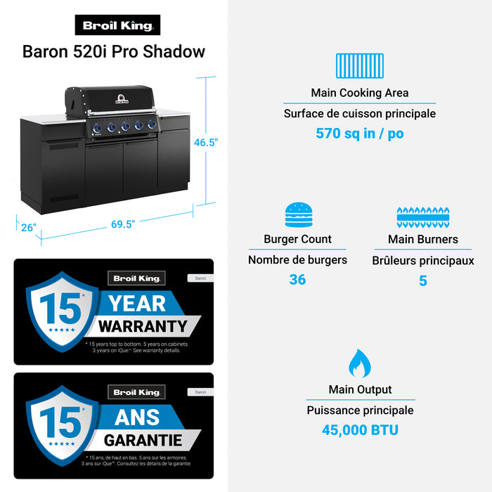 Broil King Baron 520i Shadow 4-bruleurs 45 000 BTU Barbecue a gaz propane encastre - 876814