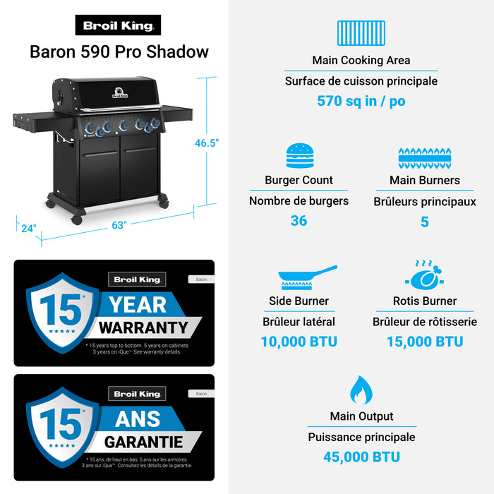 Broil King Baron 590 Pro Shadow 5-bruleurs 45 000 BTU Barbecue a gaz propane - 675144