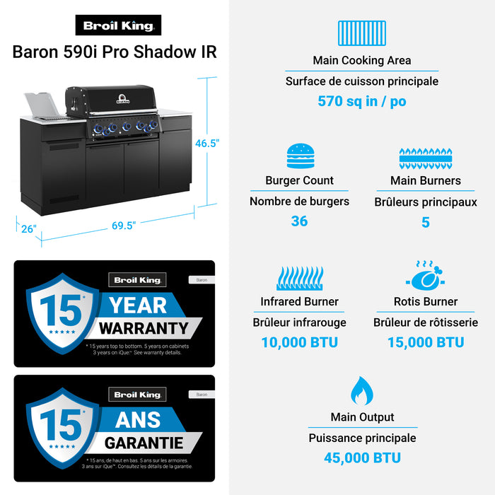 Broil King Baron 590i Shadow 5-bruleurs 45 000 BTU Barbecue a gaz propane encastre - 876844