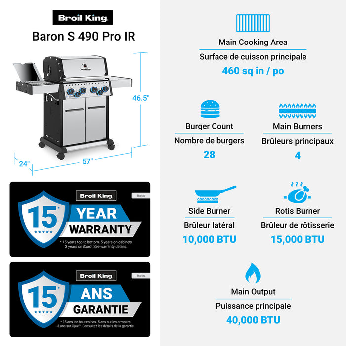 Broil King Baron S 490 Pro IR 4-bruleurs 40 000 BTU Barbecue a gaz naturel - 677347