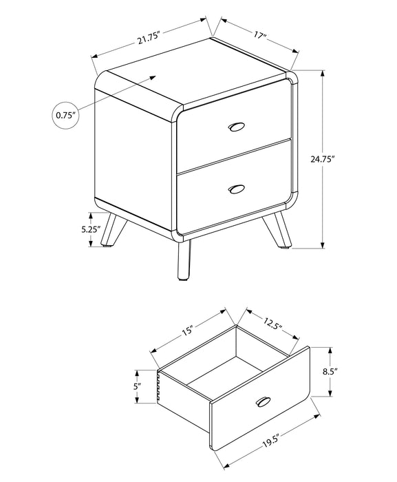 Table de nuit moderne du milieu du 20e siècle Cami de 17 po (L) x 24,8 po (H) à 2 tiroirs - brune