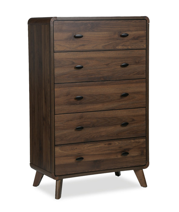 Commode verticale de chambre à coucher moderne du milieu du 20e siècle Cami de 31,5 po (L) x 50 po (H) à 5 tiroirs - brune