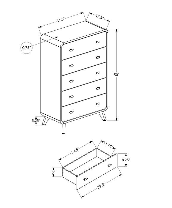 Commode verticale de chambre à coucher moderne du milieu du 20e siècle Cami de 31,5 po (L) x 50 po (H) à 5 tiroirs - brune