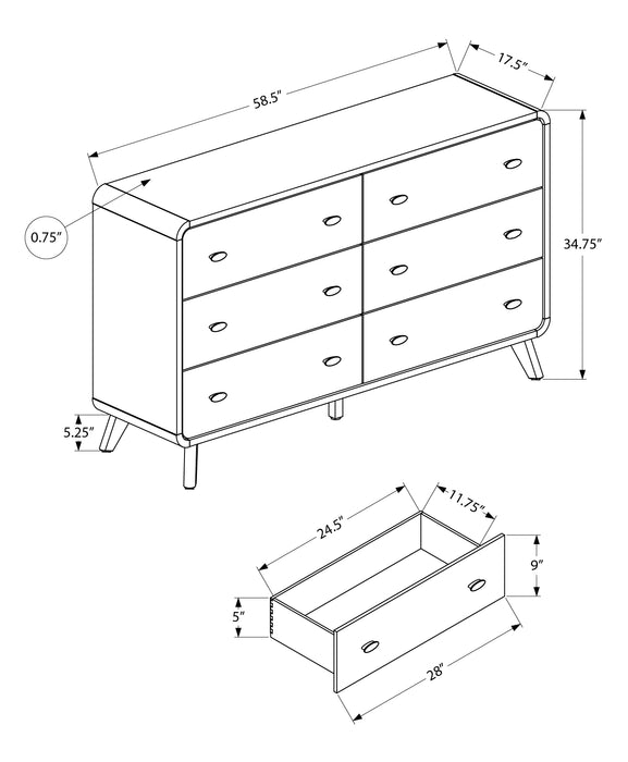 Commode de chambre à coucher moderne du milieu du 20e siècle Cami de 58,5 po (L) x 17,5 po (H) à 6 tiroirs - brune