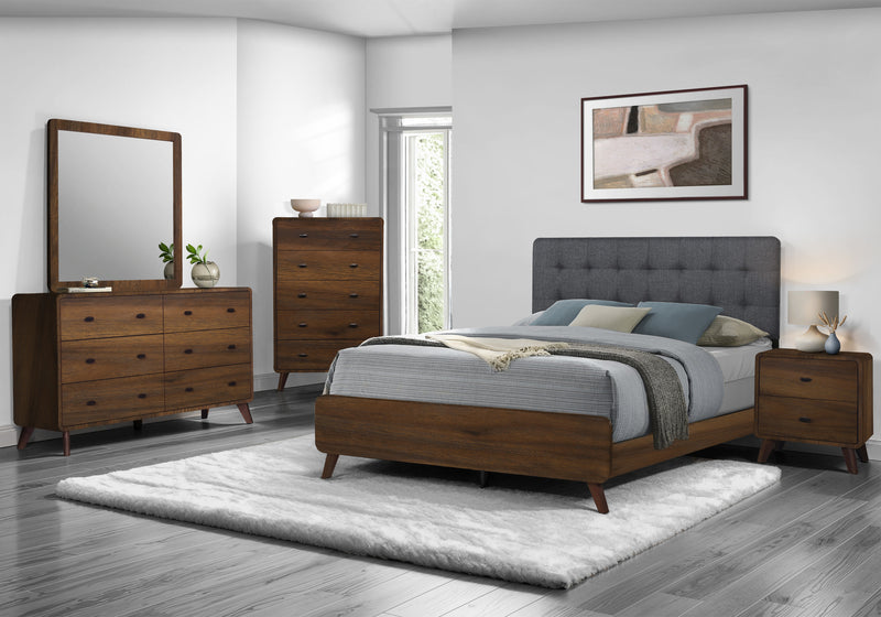 Ensemble de chambre à coucher de style moderne du milieu du 20e siècle Cami 5 pièces avec lit, commode et miroir, brun - grand lit