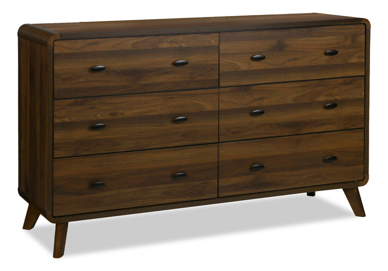 Ensemble de chambre à coucher de style moderne du milieu du 20e siècle Cami 6 pièces avec lit, commode, miroir et table de nuit, brun - grand lit