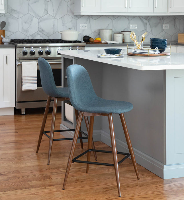 Tabouret moderne du milieu du 20e siècle Pebble de hauteur comptoir en tissu bleu - ensemble de 2