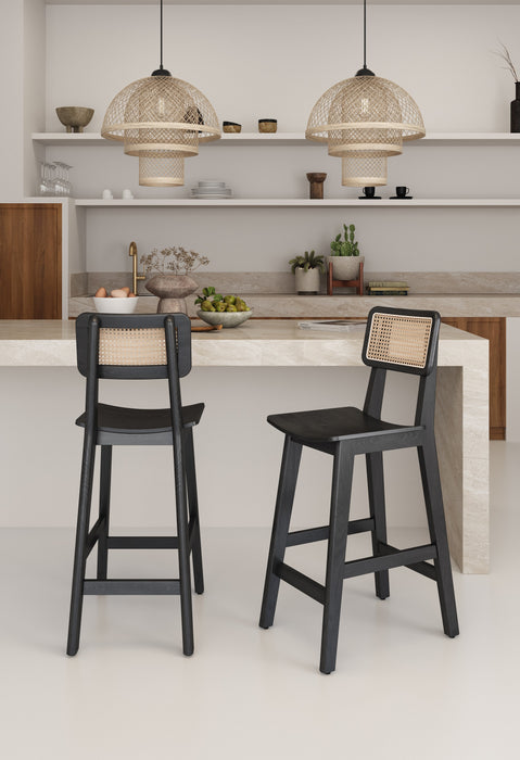 Tabouret bar Versailles de Manhattan Comfort de hauteur comptoir - noir et canne naturelle