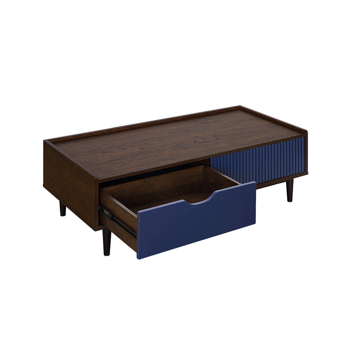 Table à café moderne Duane de Manhattan Comfort avec cannelures, tiroir et tablette - brun foncé et bleu marine