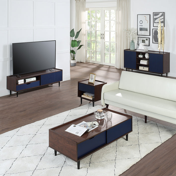Table à café moderne Duane de Manhattan Comfort avec cannelures, tiroir et tablette - brun foncé et bleu marine