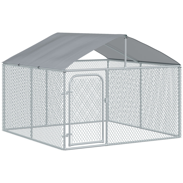 Pawhut Chenil D'exterieur Pour Chien En Metal, Enclos Niche Parc Pour Animaux De Compagnie Avec Serrure En Acier, Parois Laterales En Maille Et Toit, Cour Et Le Patio, 7,5' X 7,5' X 5,7'
