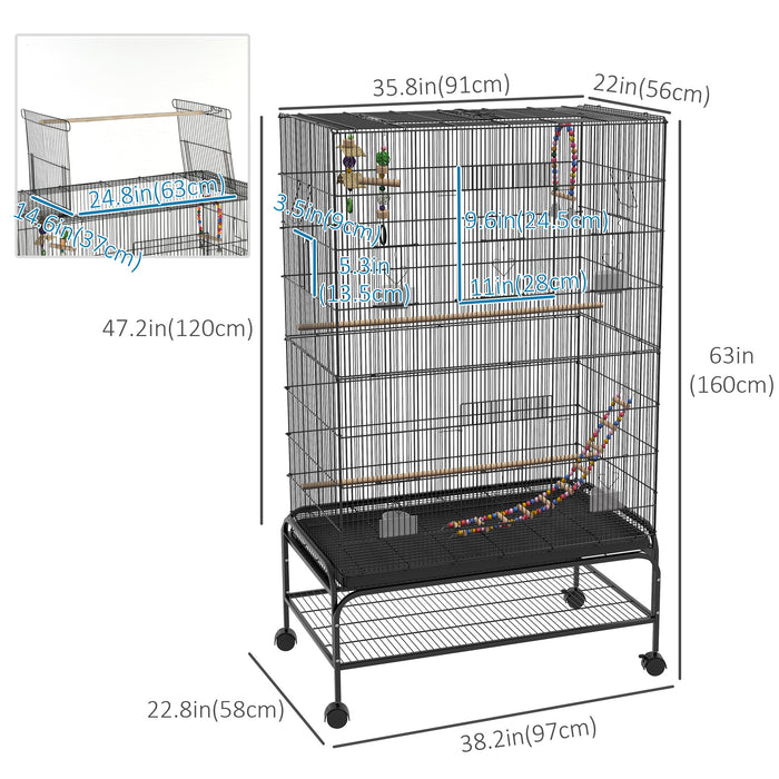 Pawhut Cage A Oiseaux Ouverte De 63\" Pour Perruches Canaris Inseparables Pinsons Avec Support Roulant, Jouets, Plateau Amovible, Etagere De Rangement
