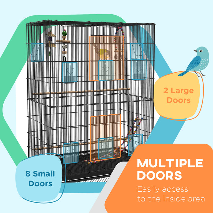 Pawhut Cage A Oiseaux Ouverte De 63\" Pour Perruches Canaris Inseparables Pinsons Avec Support Roulant, Jouets, Plateau Amovible, Etagere De Rangement