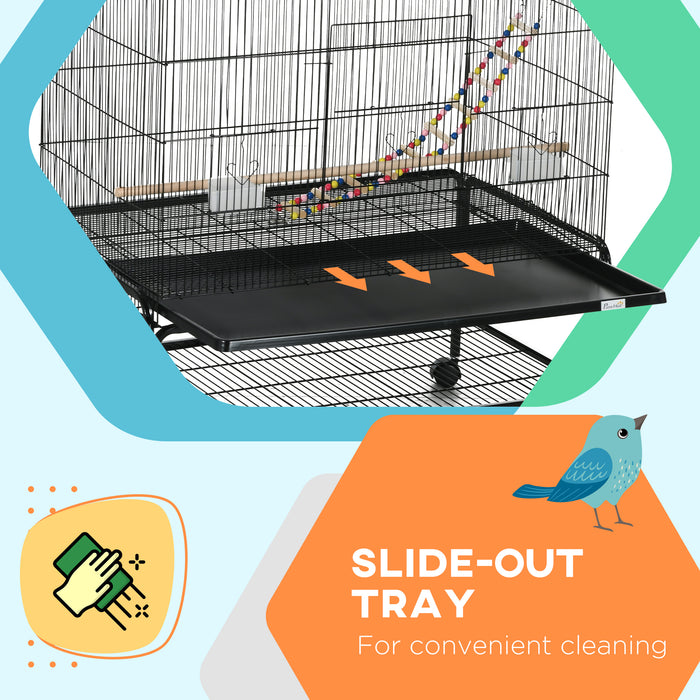 Pawhut Cage A Oiseaux Ouverte De 63\" Pour Perruches Canaris Inseparables Pinsons Avec Support Roulant, Jouets, Plateau Amovible, Etagere De Rangement